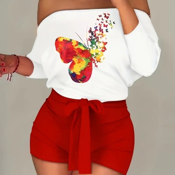 Chic Me Pants - Chic me Romper with a White Butterfly Print Top with Red Shorts Size: L